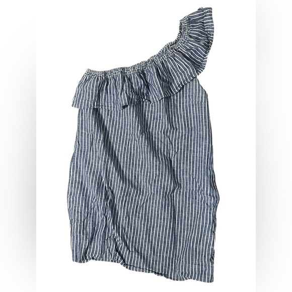 MADEWELL One Shoulder Blue White Striped Ruffle Linen Dress w Pockets Size M - Picture 2 of 7